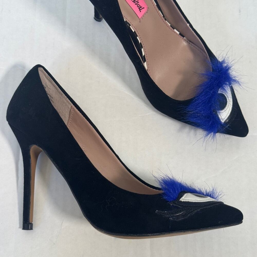 Betsey Johnson Black Eyes Blue Feather Heels Womens 6.5 Artsy Funky Unique - Picture 10 of 10